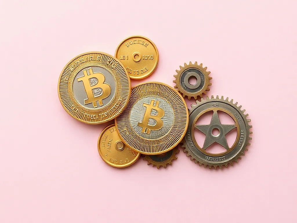 A professional overhead shot of gold coins and precision mec