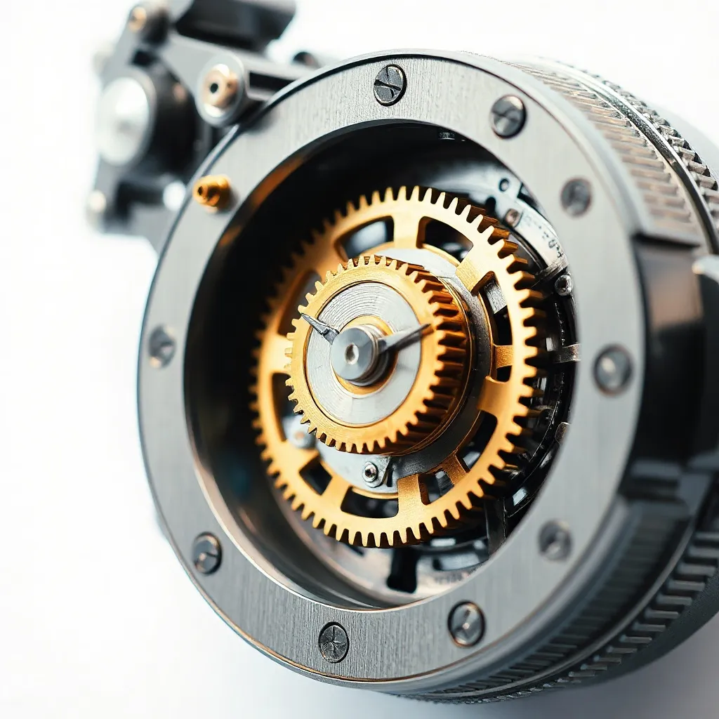 A high-tech mechanical clockwork mechanism with golden gears